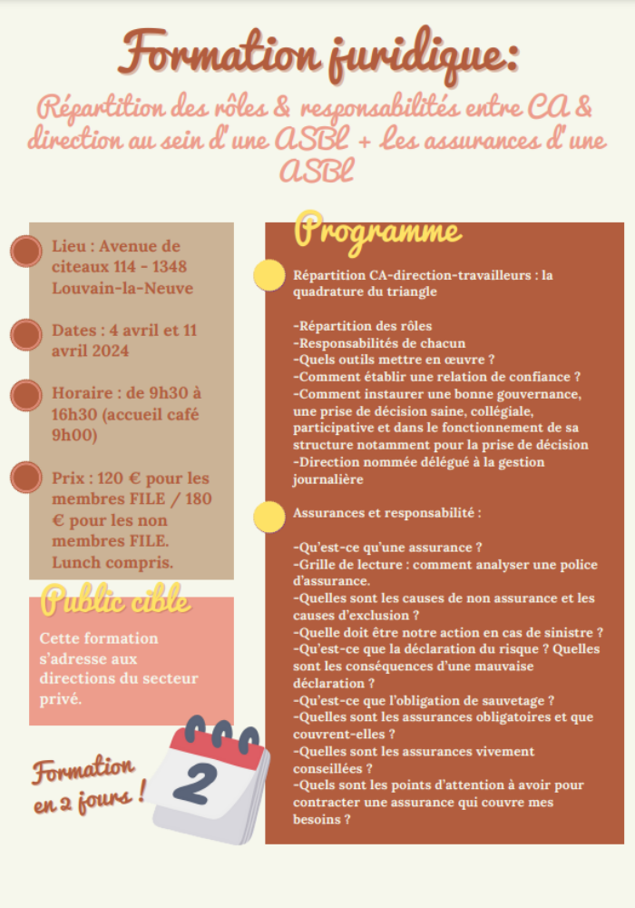 Formation Répartition rôles-responsabilités entre CA et direction au sein d’ une ASBL + Les assurances d’une ASBL